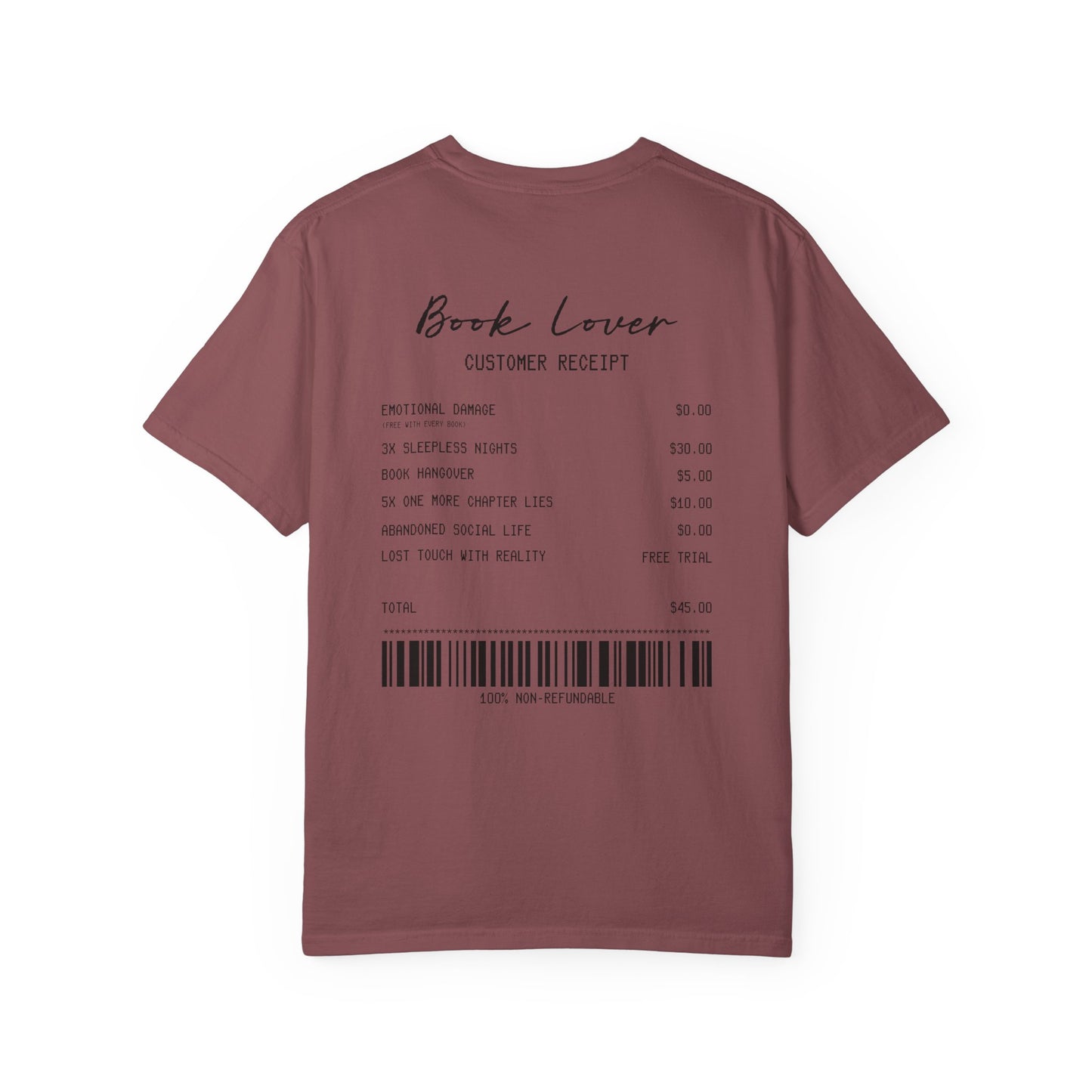 Book Lover T-Shirt — Receipt Print "Book Lover" Back Design