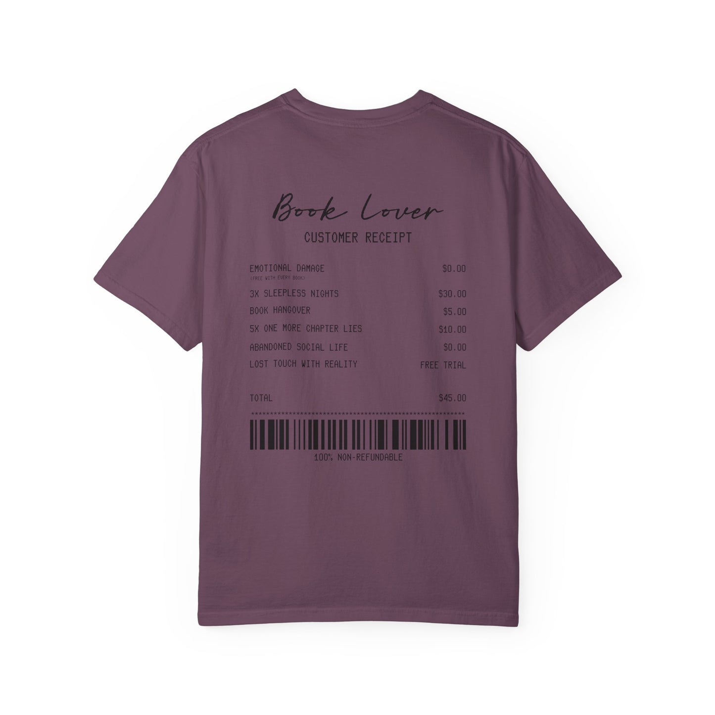 Book Lover T-Shirt — Receipt Print "Book Lover" Back Design