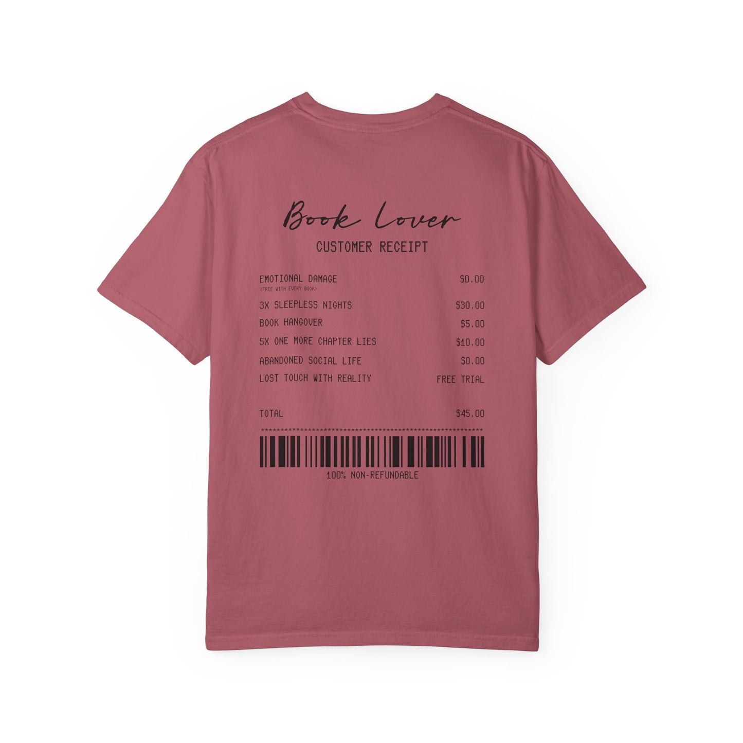 Book Lover T-Shirt — Receipt Print "Book Lover" Back Design