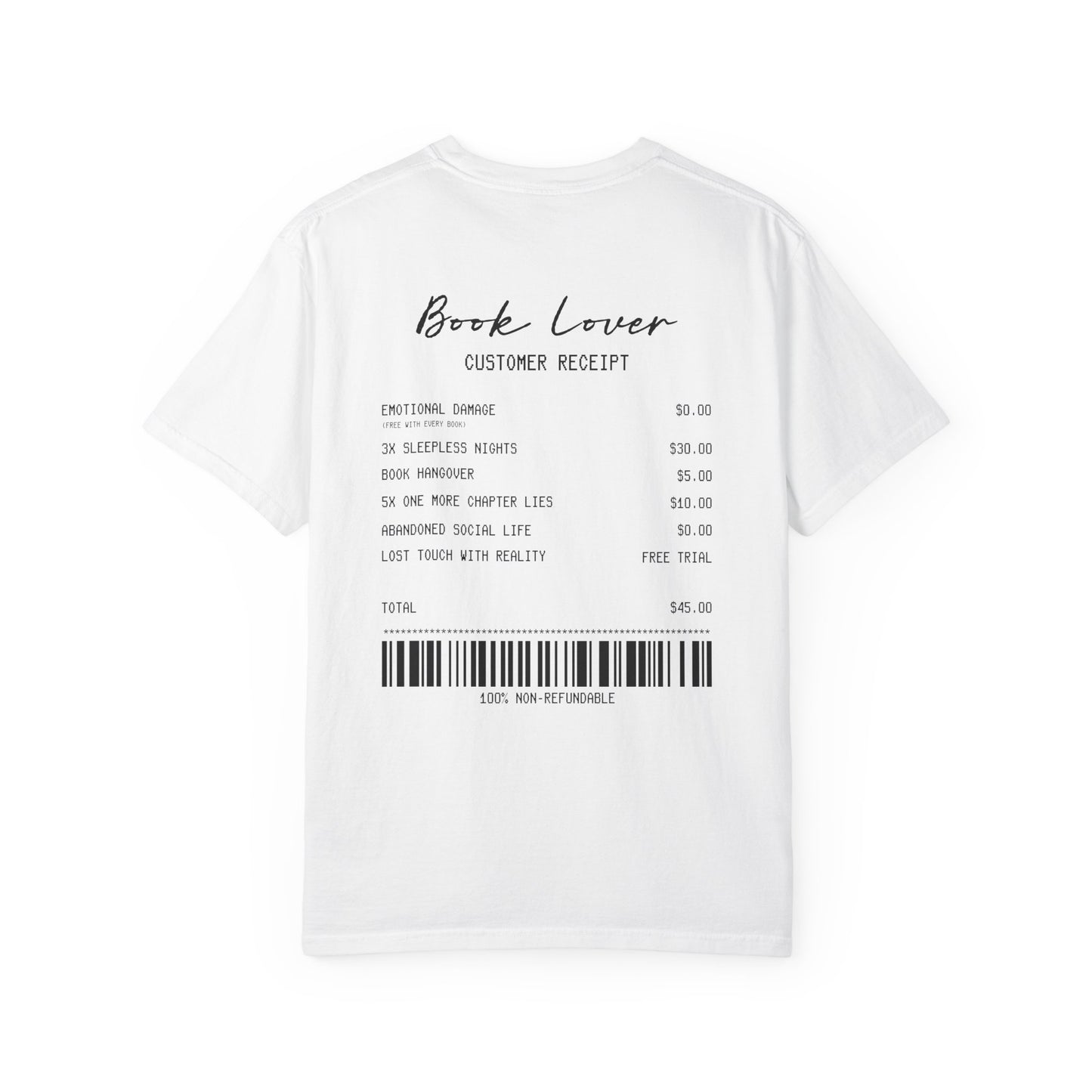 Book Lover T-Shirt — Receipt Print "Book Lover" Back Design